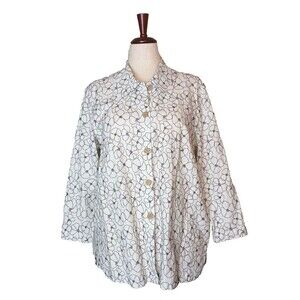 Sag Harbor Linen Blend Blouse Womens Size Large Button Up Embroidered Floral